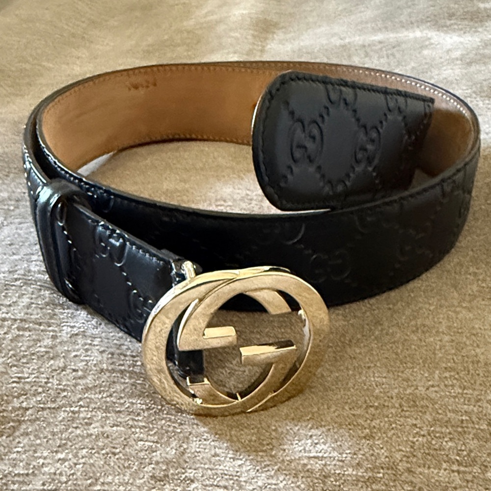 Gucci Black Embossed Belt with Gold Logo Buckle